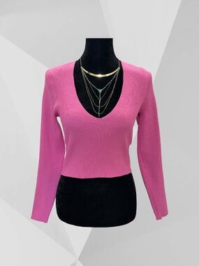 SINCERELY JULES DEEP V-Neck Pullover Sweater Vibrant Pink M/L Long Sleeves NWT